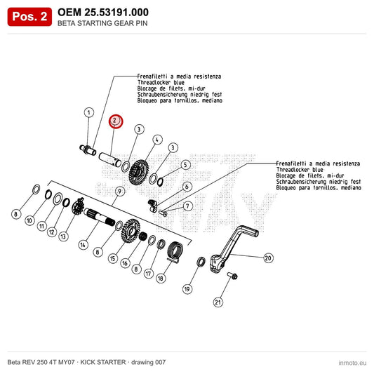BETA STARTING GEAR PIN – OEM 25.53191.000, position 2 on the Beta REV 250 4T MY07 kick starter drawing