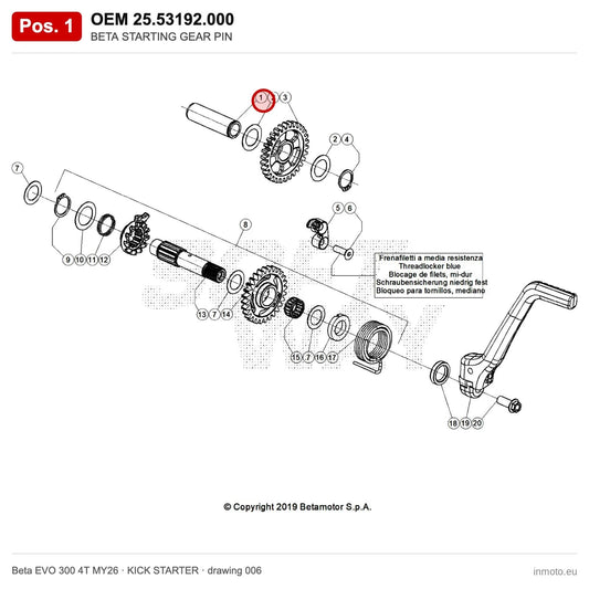 BETA STARTING GEAR PIN – OEM 25.53192.000, position 1 on the Beta EVO 300 4T MY26 kick starter drawing