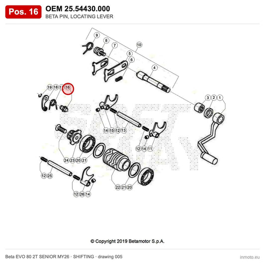 BETA PIN, LOCATING LEVER – OEM 25.54430.000, position 16 on the Beta EVO 80 2T SENIOR MY26 shifting drawing