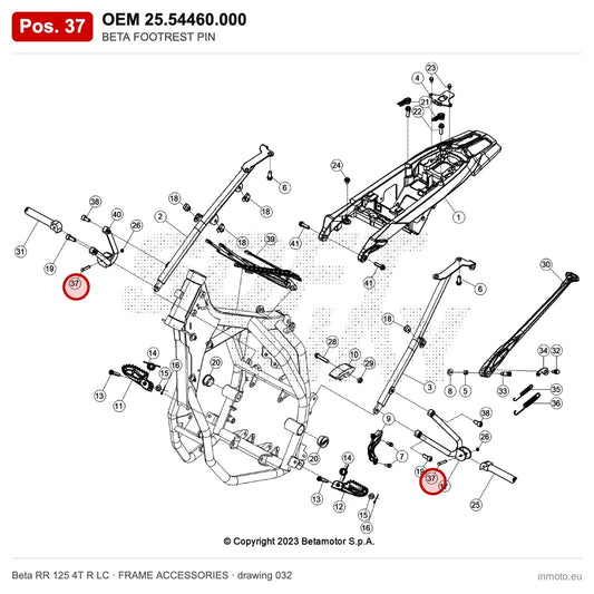 BETA FOOTREST PIN – OEM 25.54460.000, position 37 on the Beta RR 125 4T R LC frame accessories drawing