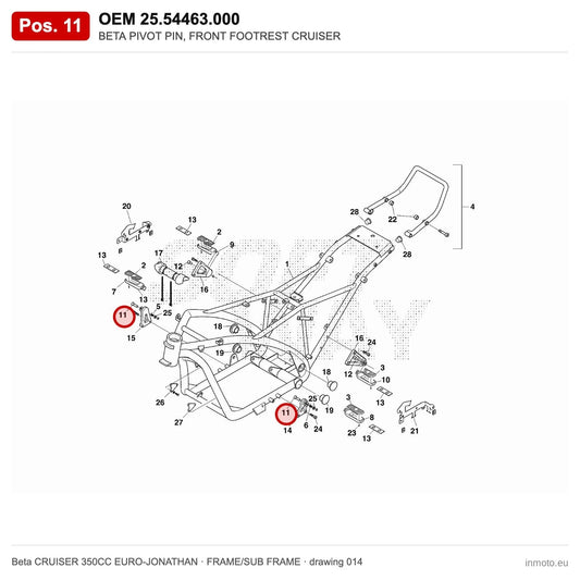 BETA PIVOT PIN, FRONT FOOTREST CRUISER – OEM 25.54463.000, position 11 on the Beta CRUISER 350CC EURO-JONATHAN frame/sub frame drawing
