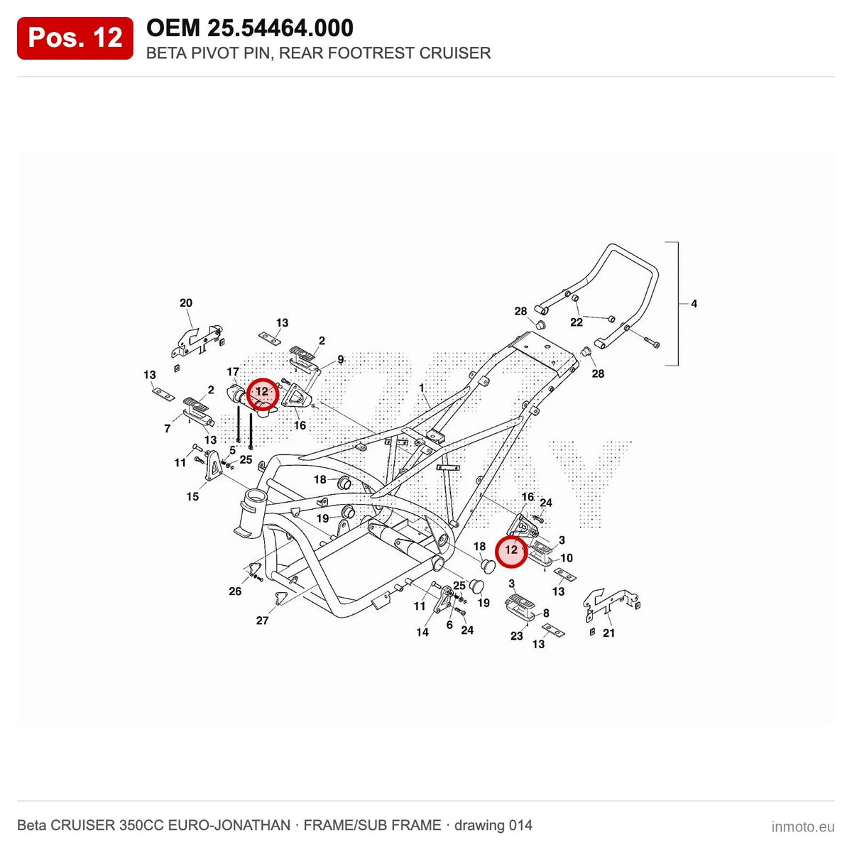 BETA PIVOT PIN, REAR FOOTREST CRUISER – OEM 25.54464.000, position 12 on the Beta CRUISER 350CC EURO-JONATHAN frame/sub frame drawing