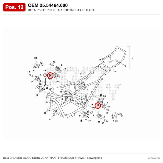 BETA PIVOT PIN, REAR FOOTREST CRUISER – OEM 25.54464.000, position 12 on the Beta CRUISER 350CC EURO-JONATHAN frame/sub frame drawing