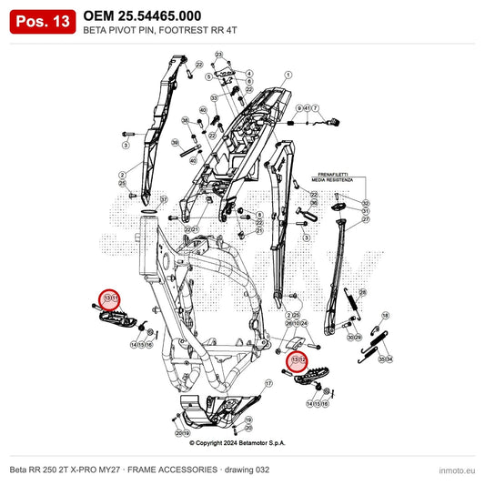 BETA PIVOT PIN, FOOTREST RR 4T – OEM 25.54465.000, position 13 on the Beta RR 250 2T X-PRO MY27 frame accessories drawing