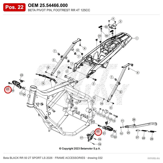 BETA PIVOT PIN, FOOTREST RR 4T 125CC – OEM 25.54466.000, position 22 on the Beta BLACK RR 50 2T SPORT LS 2026 frame accessories drawing