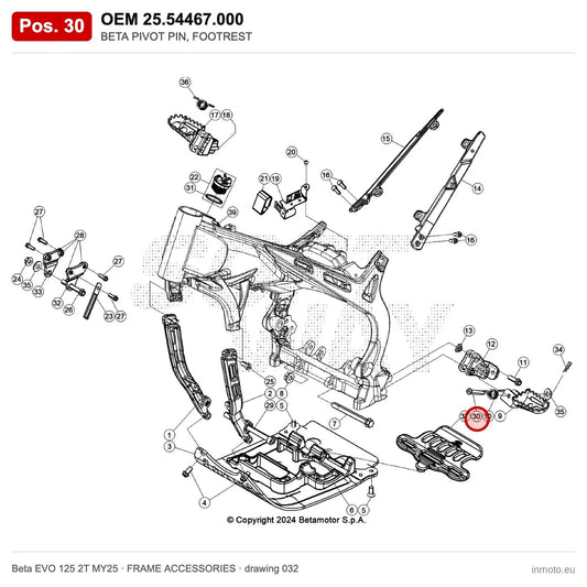 BETA PIVOT PIN, FOOTREST – OEM 25.54467.000, position 30 on the Beta EVO 125 2T MY25 frame accessories drawing