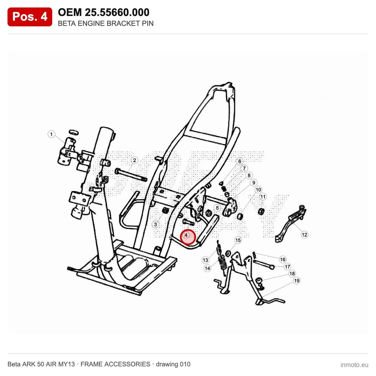 BETA ENGINE BRACKET PIN – OEM 25.55660.000, position 4 on the Beta ARK 50 AIR MY13 frame accessories drawing