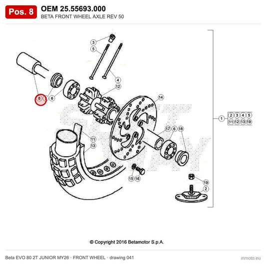BETA FRONT WHEEL AXLE REV 50 – OEM 25.55693.000, position 8 on the Beta EVO 80 2T JUNIOR MY26 front wheel drawing