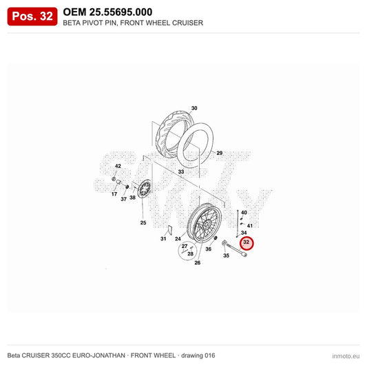 BETA PIVOT PIN, FRONT WHEEL CRUISER – OEM 25.55695.000, position 32 on the Beta CRUISER 350CC EURO-JONATHAN front wheel drawing