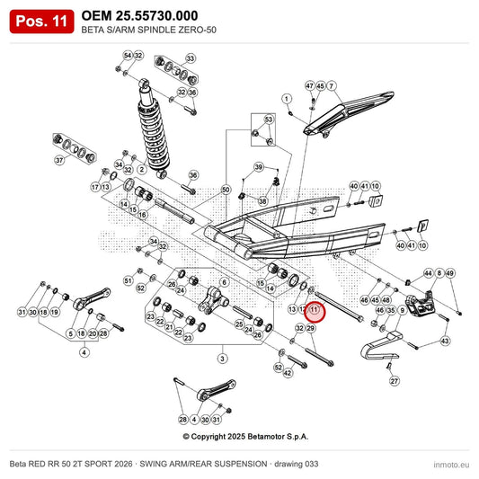 BETA S/ARM SPINDLE ZERO-50 – OEM 25.55730.000, position 11 on the Beta RED RR 50 2T SPORT 2026 swing arm/rear suspension drawing