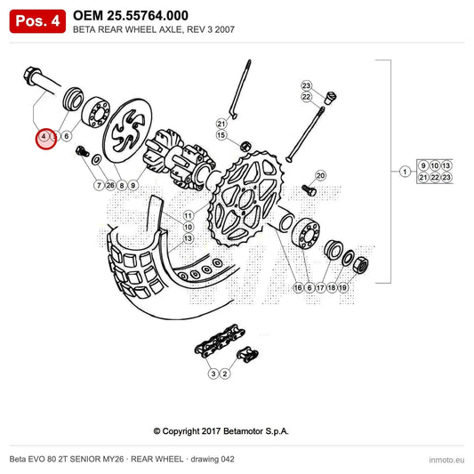 BETA REAR WHEEL AXLE, REV 3 2007 – OEM 25.55764.000, position 4 on the Beta EVO 80 2T SENIOR MY26 rear wheel drawing