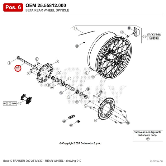BETA REAR WHEEL SPINDLE – OEM 25.55812.000, position 6 on the Beta X-TRAINER 200 2T MY27 rear wheel drawing