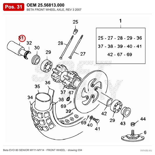 BETA FRONT WHEEL AXLE, REV 3 2007 – OEM 25.56813.000, position 31 on the Beta EVO 80 SENIOR MY11-MY14 front wheel drawing