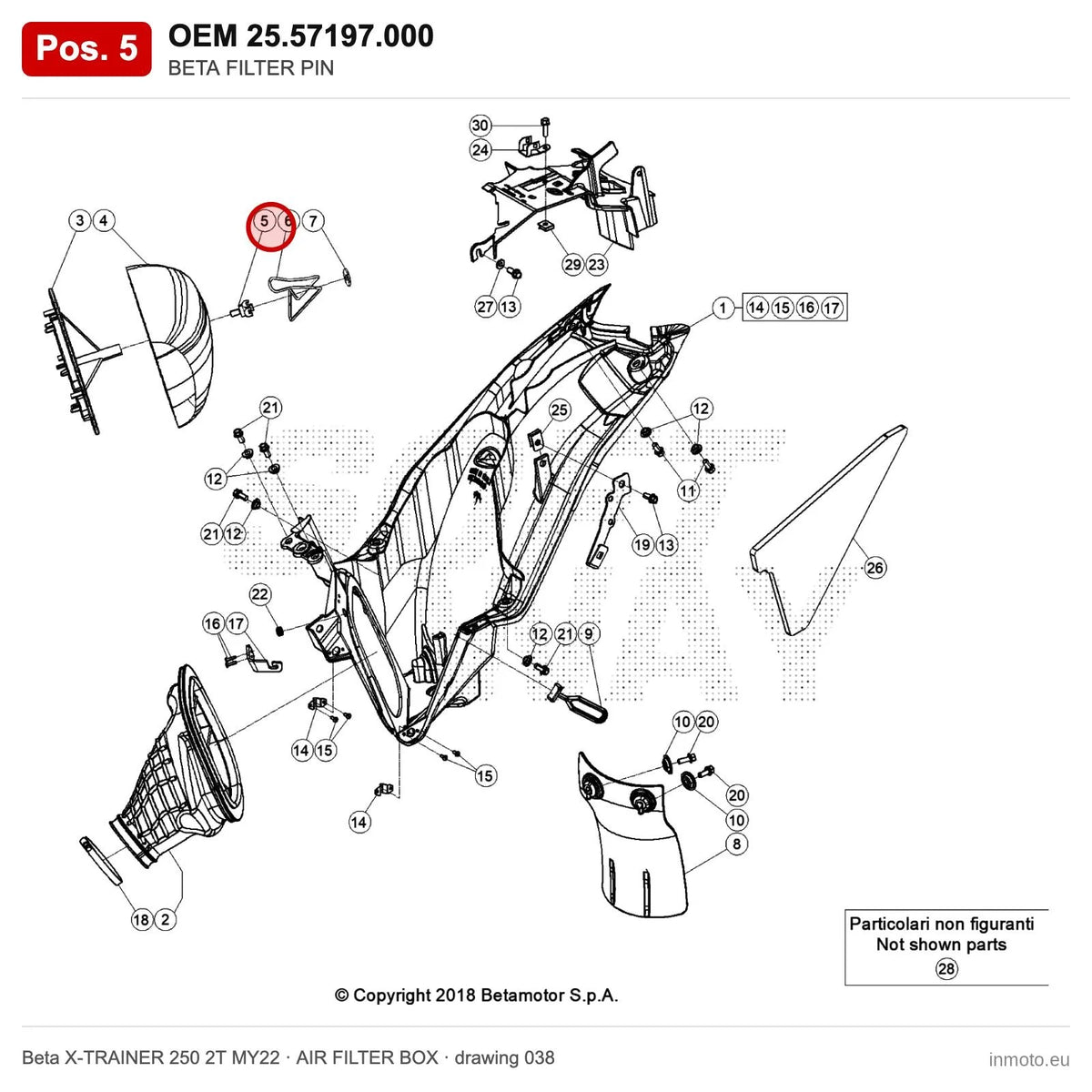 BETA FILTER PIN – OEM 25.57197.000, position 5 on the Beta X-TRAINER 250 2T MY22 air filter box drawing