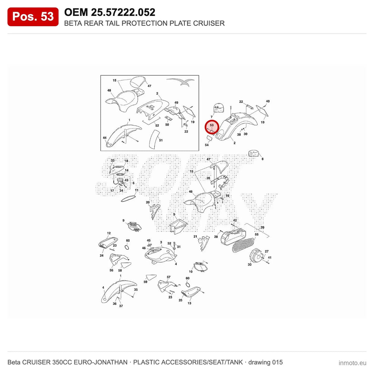 BETA REAR TAIL PROTECTION PLATE CRUISER – OEM 25.57222.052, position 53 on the Beta CRUISER 350CC EURO-JONATHAN plastic accessories/seat/tank drawing
