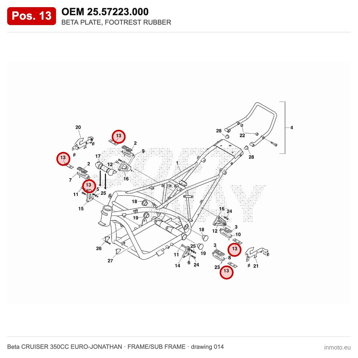 BETA PLATE, FOOTREST RUBBER – OEM 25.57223.000, position 13 on the Beta CRUISER 350CC EURO-JONATHAN frame/sub frame drawing