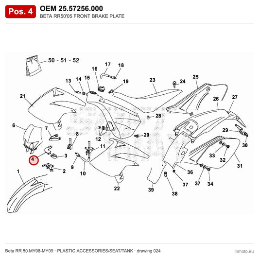 BETA RR50'05 FRONT BRAKE PLATE – OEM 25.57256.000, shown on the Beta RR 50 MY08-MY09 plastic accessories/seat/tank drawing
