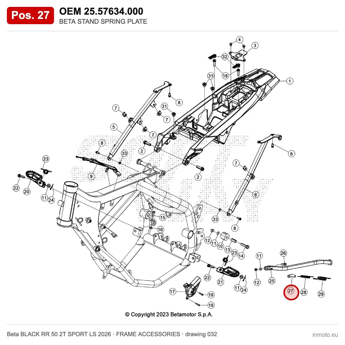 BETA STAND SPRING PLATE – OEM 25.57634.000, position 27 on the Beta BLACK RR 50 2T SPORT LS 2026 frame accessories drawing