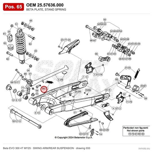 BETA PLATE, STAND SPRING – OEM 25.57636.000, position 65 on the Beta EVO 300 4T MY25 swing arm/rear suspension drawing
