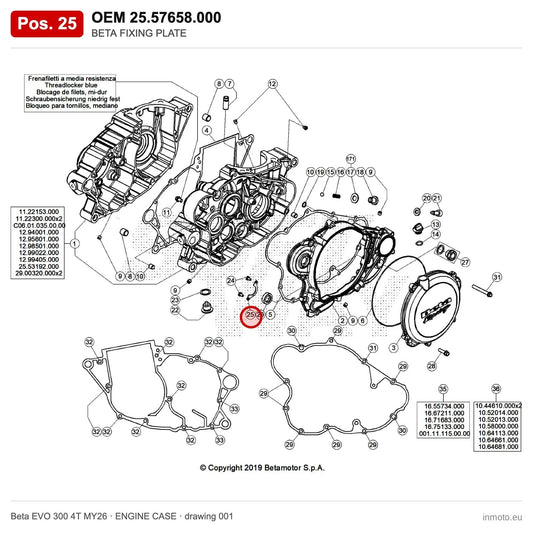 BETA FIXING PLATE – OEM 25.57658.000, position 25 on the Beta EVO 300 4T MY26 engine case drawing