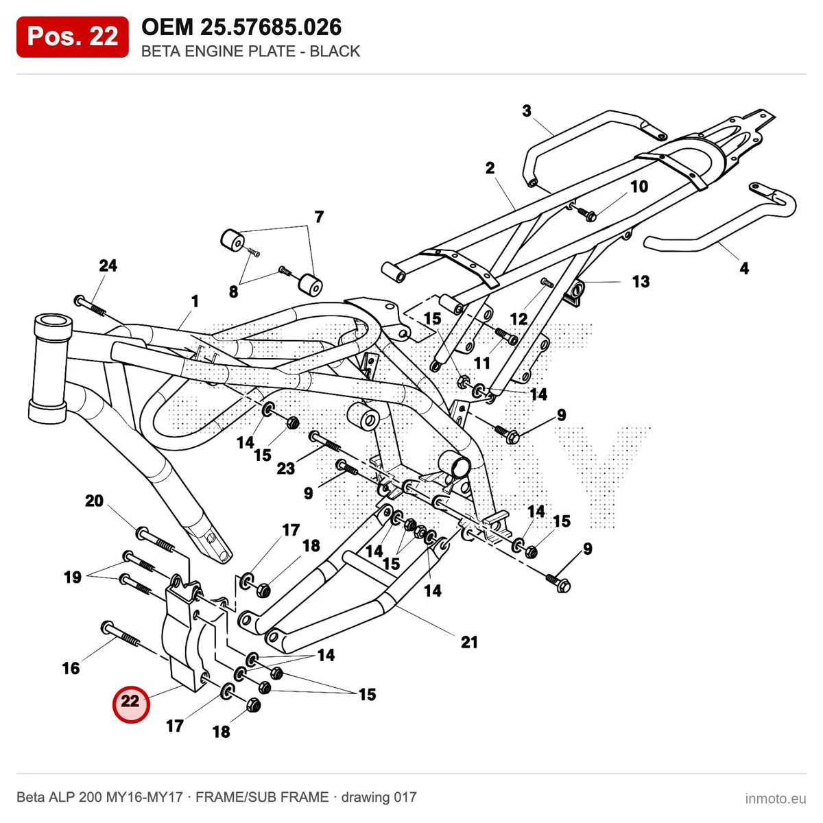 BETA ENGINE PLATE - BLACK – OEM 25.57685.026, position 22 on the Beta ALP 200 MY16-MY17 frame/sub frame drawing