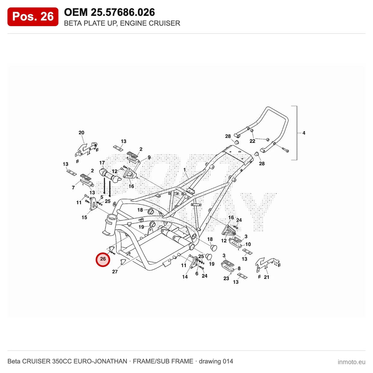 BETA PLATE UP, ENGINE CRUISER – OEM 25.57686.026, position 26 on the Beta CRUISER 350CC EURO-JONATHAN frame/sub frame drawing