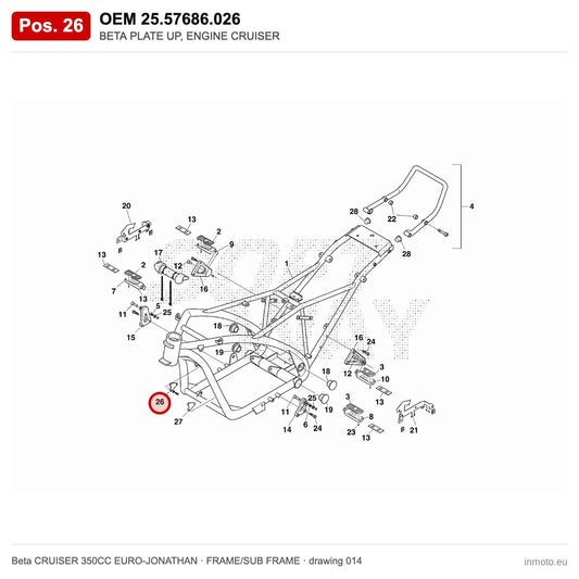 BETA PLATE UP, ENGINE CRUISER – OEM 25.57686.026, position 26 on the Beta CRUISER 350CC EURO-JONATHAN frame/sub frame drawing