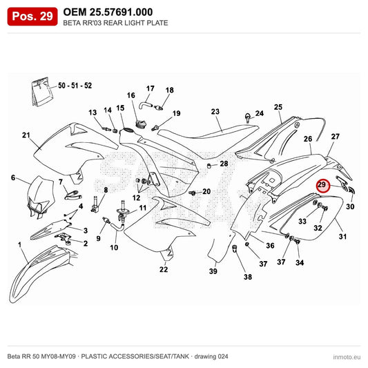 BETA RR'03 REAR LIGHT PLATE – OEM 25.57691.000, position 29 on the Beta RR 50 MY08-MY09 plastic accessories/seat/tank drawing
