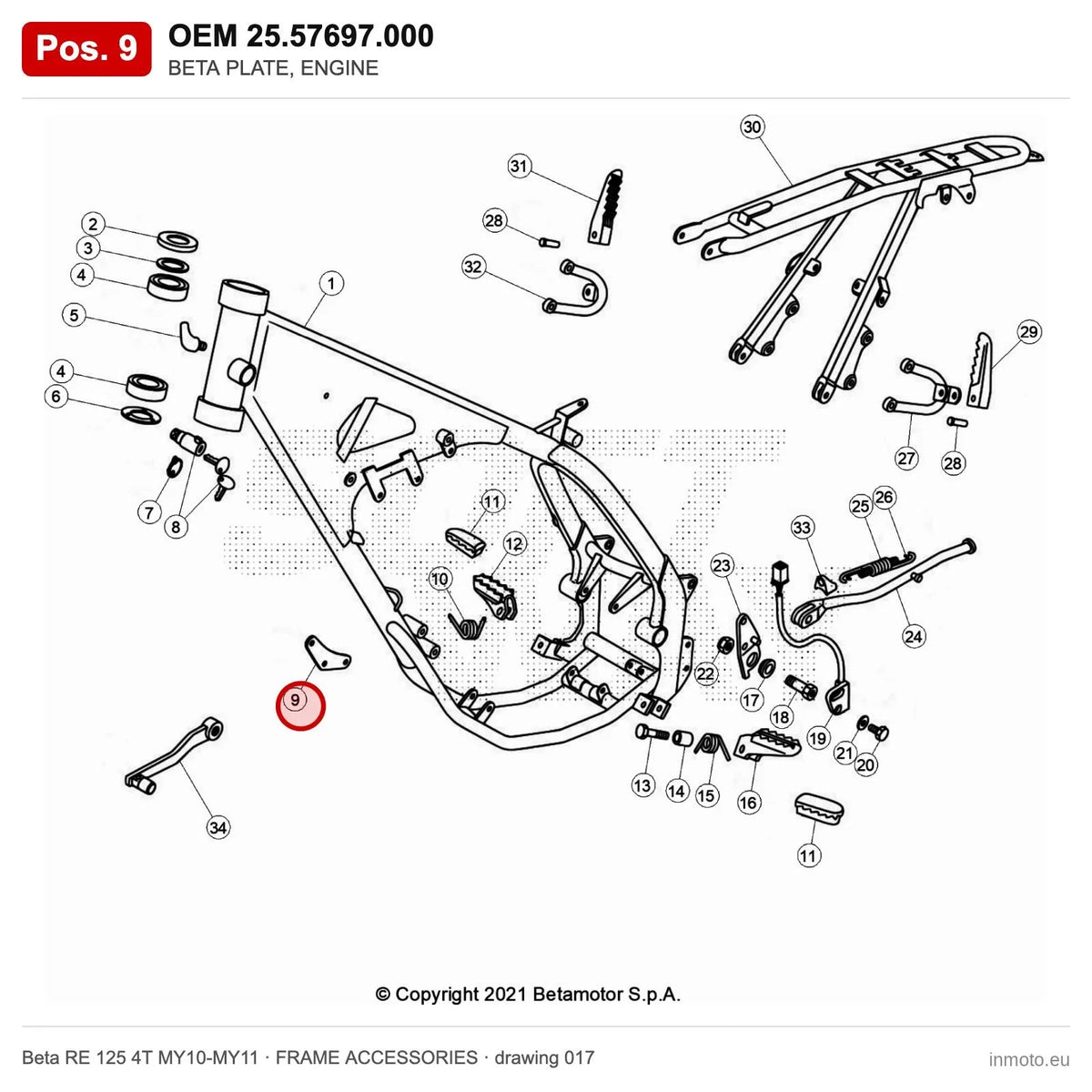 BETA PLATE, ENGINE – OEM 25.57697.000, position 9 on the Beta RE 125 4T MY10-MY11 frame accessories drawing
