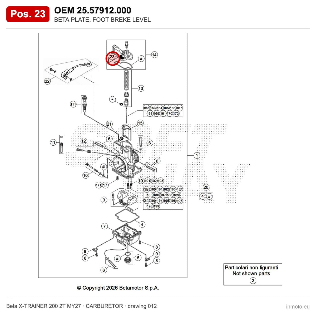 BETA PLATE, FOOT BREKE LEVEL – OEM 25.57912.000, position 23 on the Beta X-TRAINER 200 2T MY27 carburetor drawing