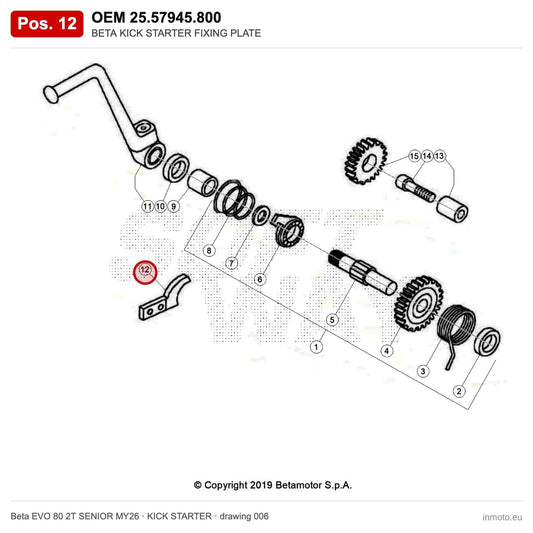BETA KICK STARTER FIXING PLATE – OEM 25.57945.800, position 12 on the Beta EVO 80 2T SENIOR MY26 kick starter drawing