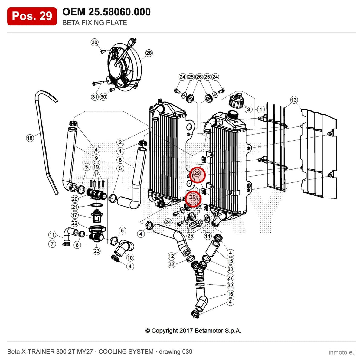 BETA FIXING PLATE – OEM 25.58060.000, position 29 on the Beta X-TRAINER 300 2T MY27 cooling system drawing