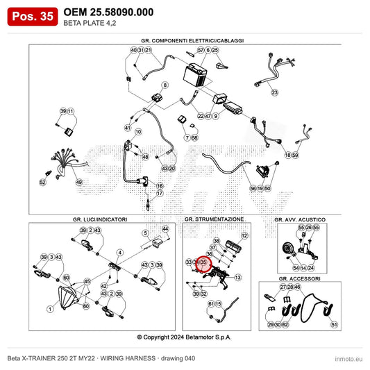 BETA PLATE 4,2 – OEM 25.58090.000, position 35 on the Beta X-TRAINER 250 2T MY22 wiring harness drawing