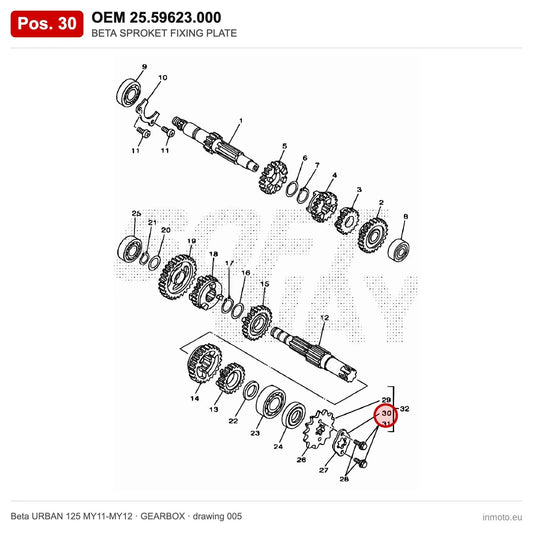 BETA SPROKET FIXING PLATE – OEM 25.59623.000, position 30 on the Beta URBAN 125 MY11-MY12 gearbox drawing