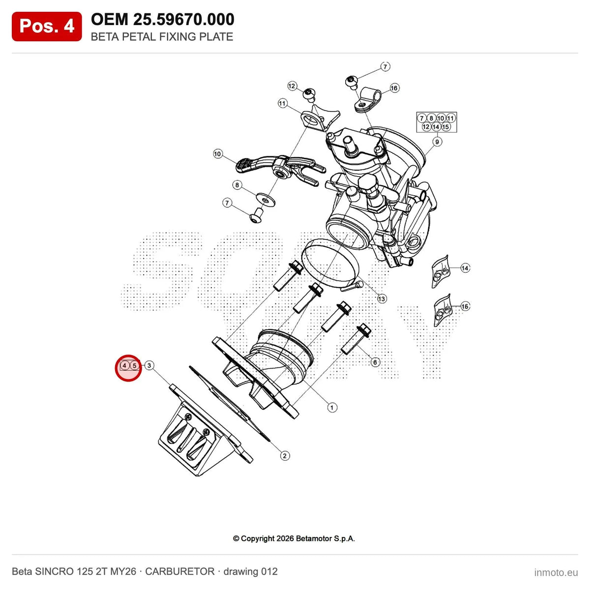BETA PETAL FIXING PLATE – OEM 25.59670.000, position 4 on the Beta SINCRO 125 2T MY26 carburetor drawing
