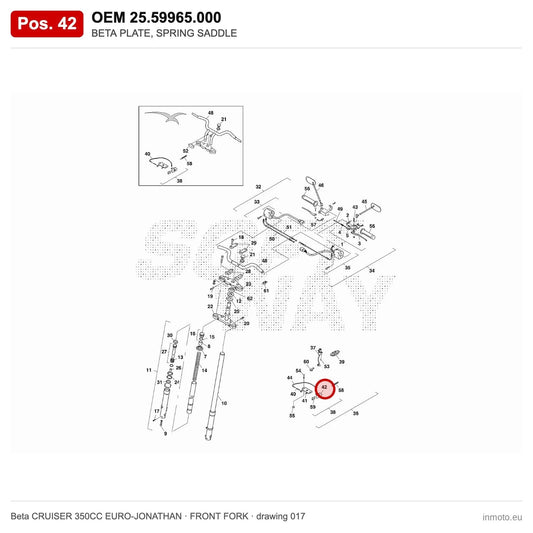 BETA PLATE, SPRING SADDLE – OEM 25.59965.000, position 42 on the Beta CRUISER 350CC EURO-JONATHAN front fork drawing