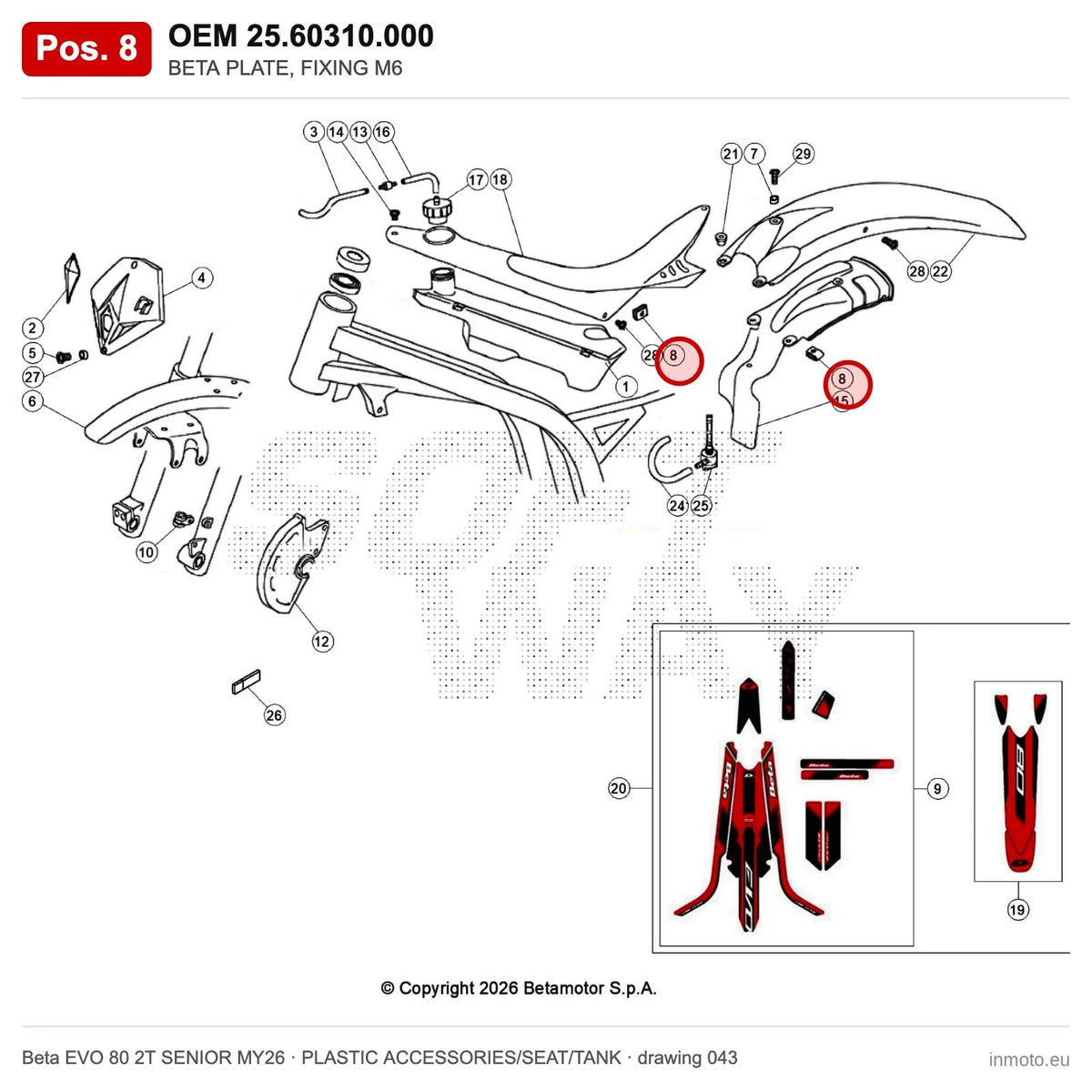 BETA PLATE, FIXING M6 – OEM 25.60310.000, position 8 on the Beta EVO 80 2T SENIOR MY26 plastic accessories/seat/tank drawing