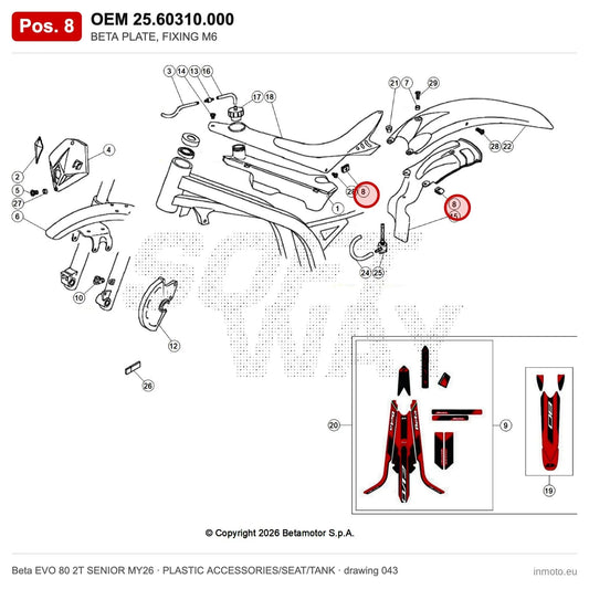 BETA PLATE, FIXING M6 – OEM 25.60310.000, position 8 on the Beta EVO 80 2T SENIOR MY26 plastic accessories/seat/tank drawing