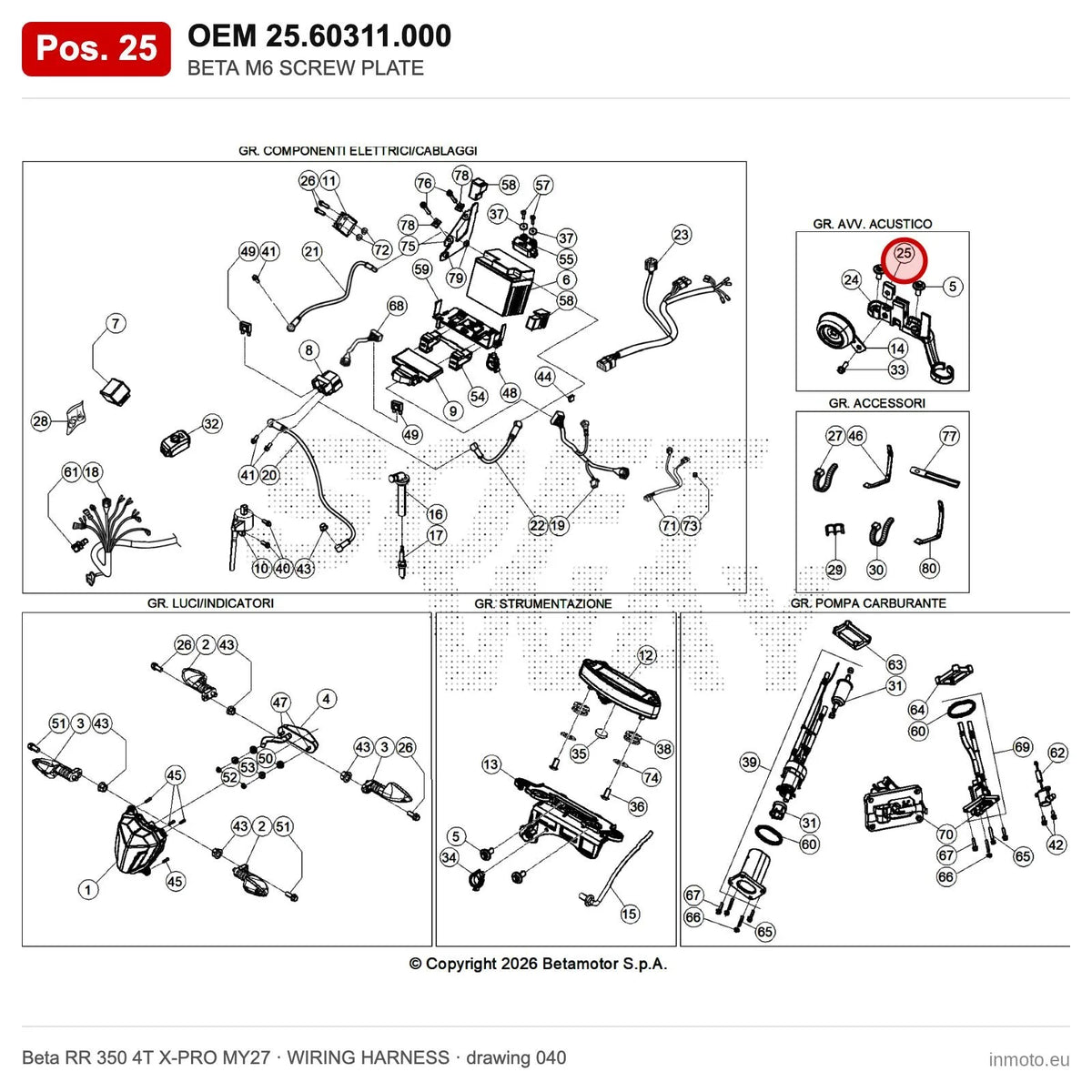 BETA M6 SCREW PLATE – OEM 25.60311.000, position 25 on the Beta RR 350 4T X-PRO MY27 wiring harness drawing
