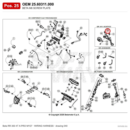 BETA M6 SCREW PLATE – OEM 25.60311.000, position 25 on the Beta RR 350 4T X-PRO MY27 wiring harness drawing