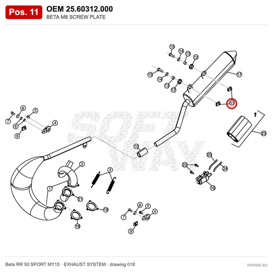 BETA M8 SCREW PLATE – OEM 25.60312.000, position 11 on the Beta RR 50 SPORT MY15 exhaust system drawing