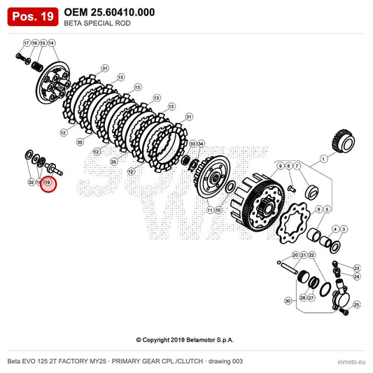 BETA SPECIAL ROD – OEM 25.60410.000, position 19 on the Beta EVO 125 2T FACTORY MY25 primary gear cpl./clutch drawing