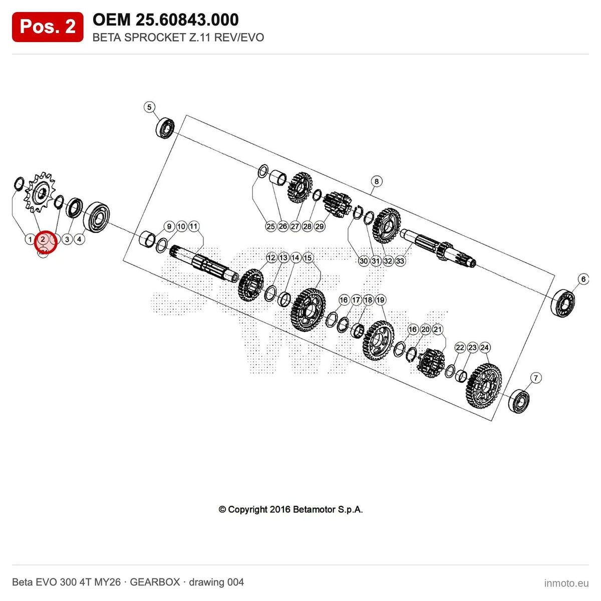 BETA SPROCKET Z.11 REV/EVO – OEM 25.60843.000, position 2 on the Beta EVO 300 4T MY26 gearbox drawing