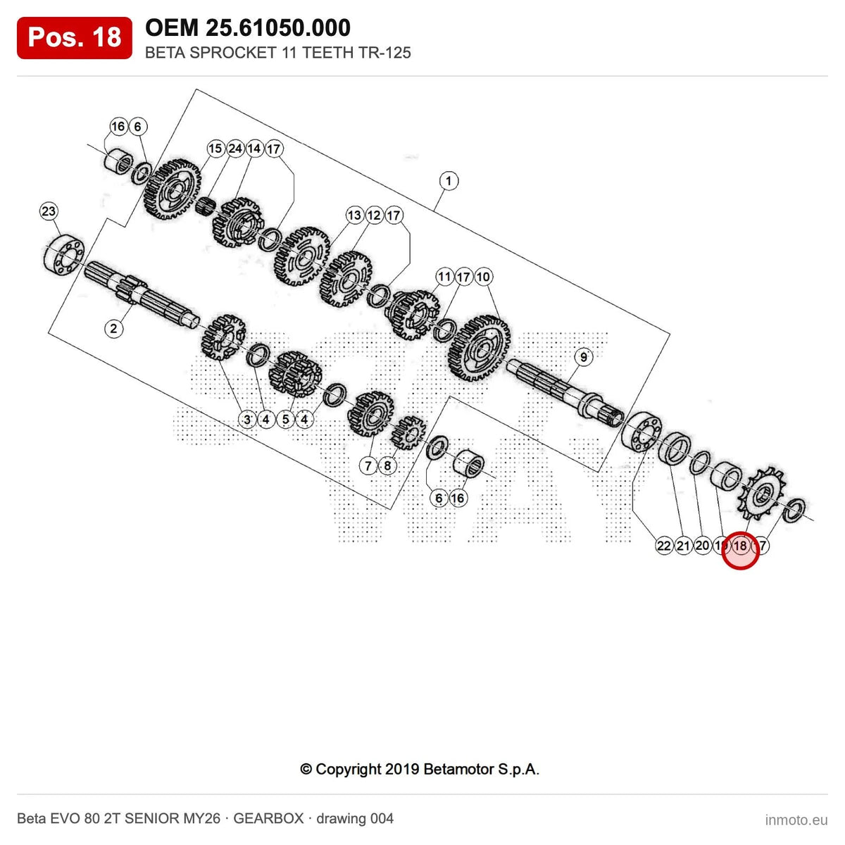 BETA SPROCKET 11 TEETH TR-125 – OEM 25.61050.000, position 18 on the Beta EVO 80 2T SENIOR MY26 gearbox drawing