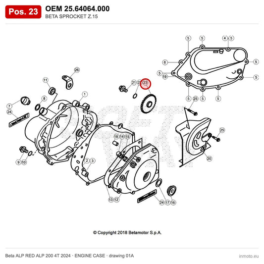 BETA SPROCKET Z.15 – OEM 25.64064.000, position 23 on the Beta ALP RED ALP 200 4T 2024 engine case drawing