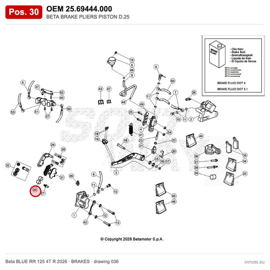 BETA BRAKE PLIERS PISTON D.25 – OEM 25.69444.000, position 30 on the Beta BLUE RR 125 4T R 2026 brakes drawing