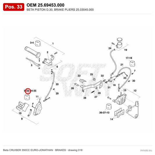 BETA PISTON D.30, BRAKE PLIERS 25.03045.000 – OEM 25.69453.000, position 33 on the Beta CRUISER 350CC EURO-JONATHAN brakes drawing