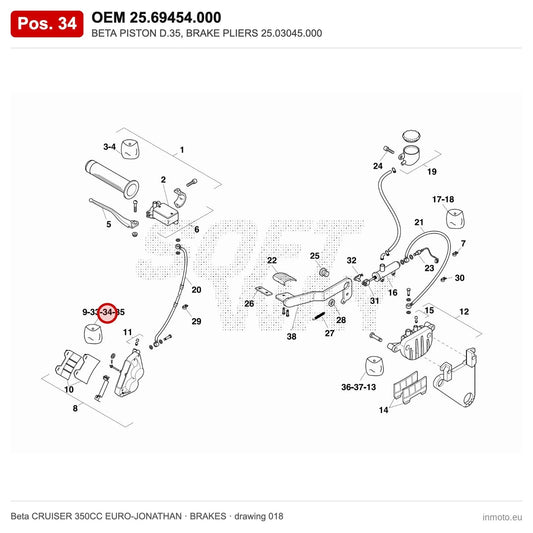 BETA PISTON D.35, BRAKE PLIERS 25.03045.000 – OEM 25.69454.000, position 34 on the Beta CRUISER 350CC EURO-JONATHAN brakes drawing