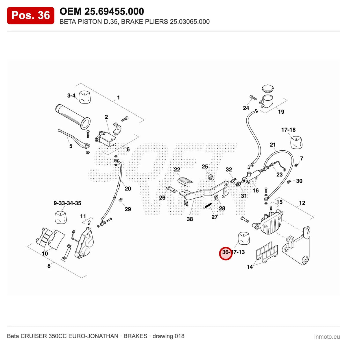 BETA PISTON D.35, BRAKE PLIERS 25.03065.000 – OEM 25.69455.000, position 36 on the Beta CRUISER 350CC EURO-JONATHAN brakes drawing