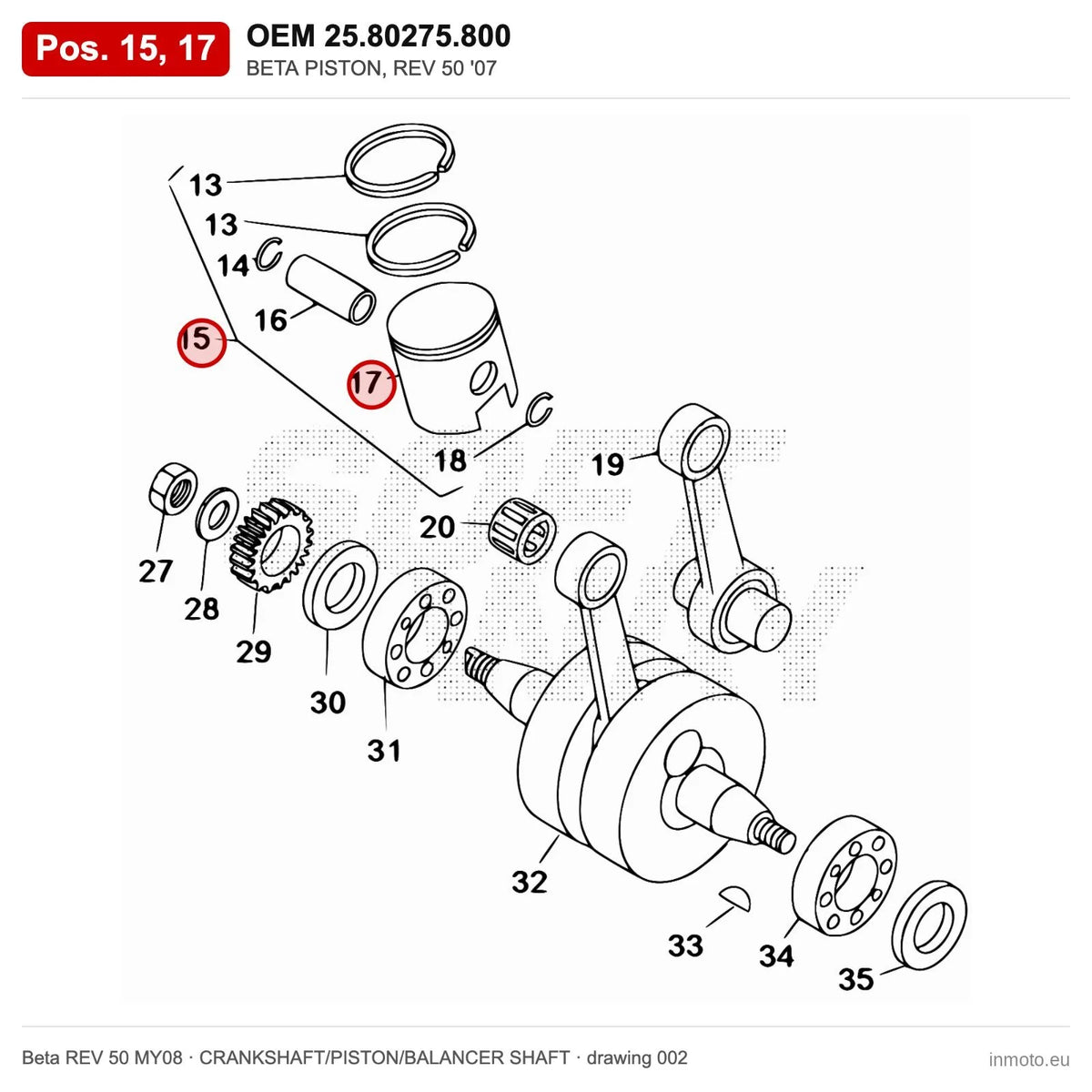 BETA PISTON, REV 50 '07 – OEM 25.80275.800, positions 15,17 on the Beta REV 50 MY08 crankshaft/piston/balancer shaft drawing